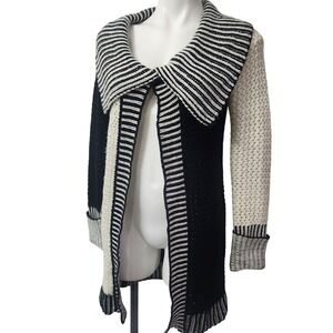 Y2k Long Knit Black & White Cardigan Wool blend Small Boho‎ Cabincore
